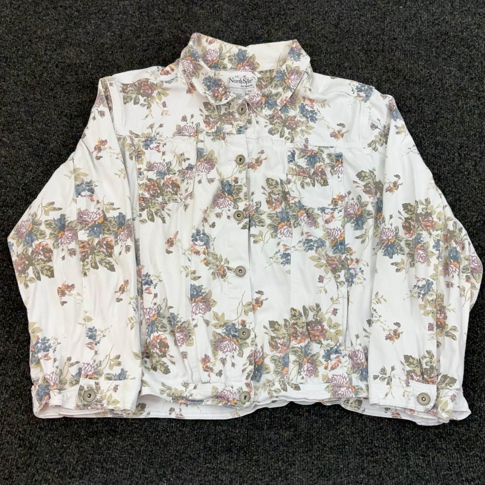 NorthStyle Jacket Womens Plus 3X White Floral Denim Button Front Stretch Casual